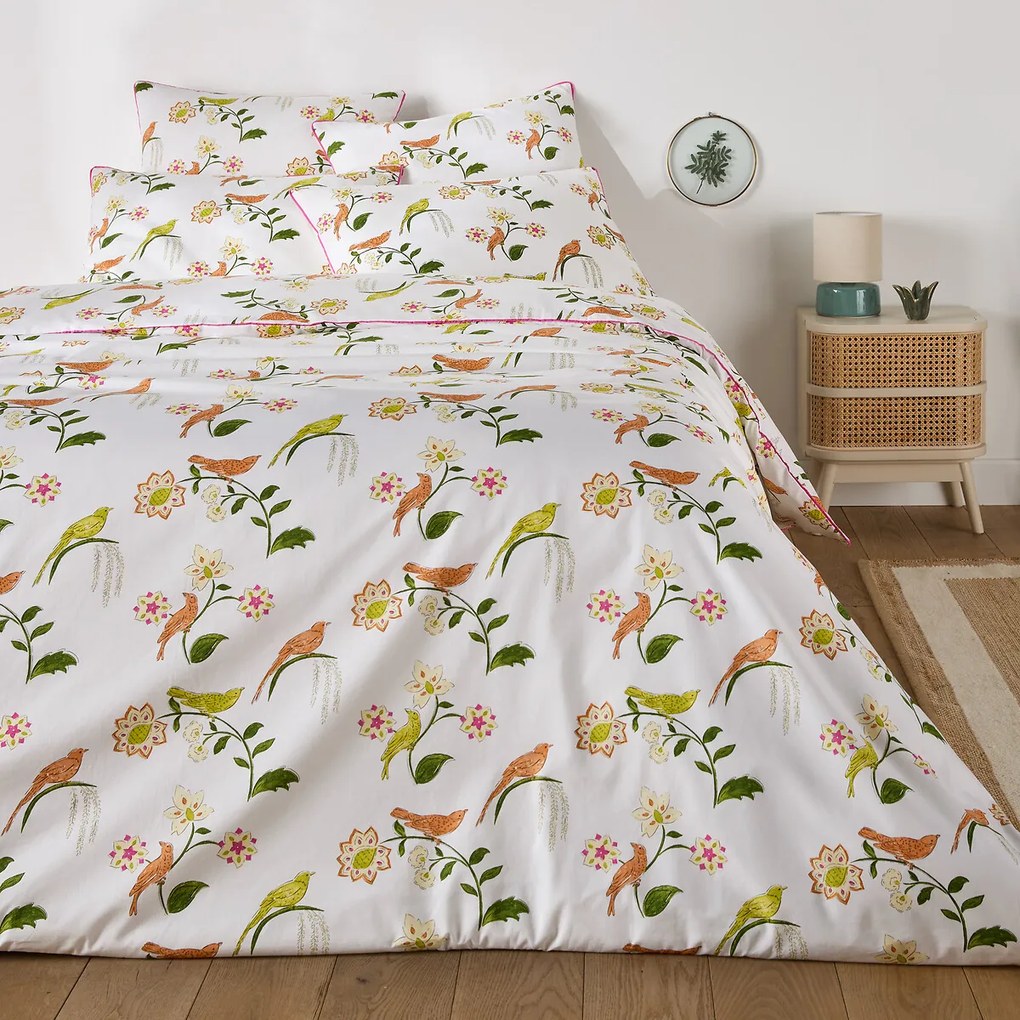 Kussensloop in percalkatoen, vogel- en bloemenprint, NORA