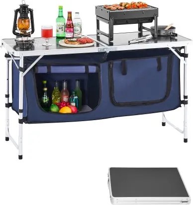 VEVOR Campingkeukentafel, opvouwbare buitenkooktafel, 3-voudig in hoogte verstelbaar, draagbaar aluminium kookstation met organizer en draaggreep, voor barbecues, picknicks, camperreizen, blauw