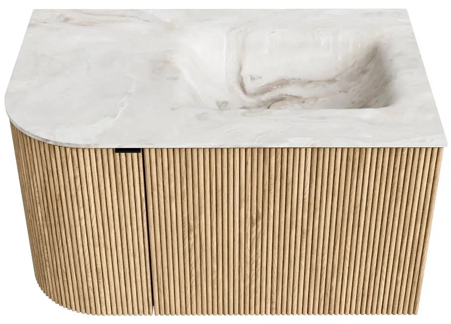 Mondiaz Kurve-dlux 75cm badmeubel ronding links oak met 1 lade en deur en wastafel grunne rechts zonder kraangat frappe