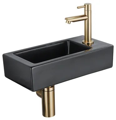 QeramiQ Fuente Fonteinset - 37.5x18.5x9cm - keramiek - kraangat rechts - fonteinkraan geborsteld messing - afvoerplug - verlaagd sifon - Mat Zwart SW1122447/SW696208/SW696218/SW696238