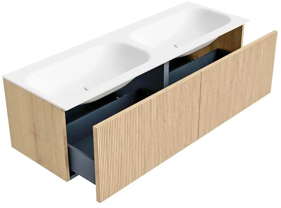 Mondiaz Kurve 140cm badmeubel oak met 2 lades en wastafel big small dubbel zonder kraangat