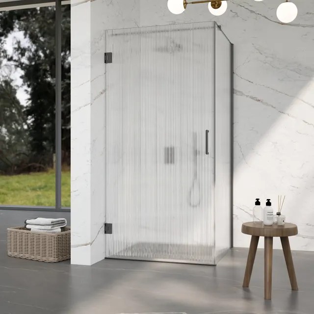 Fortifura Galeria Douchecabine - 90x80x200cm - scharnieren - deurgreep - stabilisatiestang - helder geribbeld - veiligheidsglas - Geborsteld gunmetal (Antraciet) SW1208821/SW1122563/SW797907/SW797952