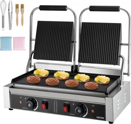 VEVOR Commerciële Panini Grill Contactgrill 3600W voor Sandwiches Steak Bacon Hamburger, Sandwich Maker Press Grill Gemaakt van roestvrij staal met handvat & temperatuurregeling & 48 x 23 cm verwarmingsplaat, Panini Press