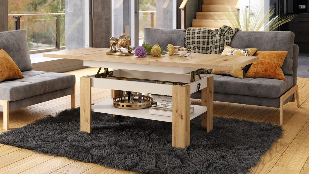 RIO eiken artisan / beige - KOFFIETAFEL, UITSCHUIFBAAR MET HEFFUNCTIE VOOR HET BLAD