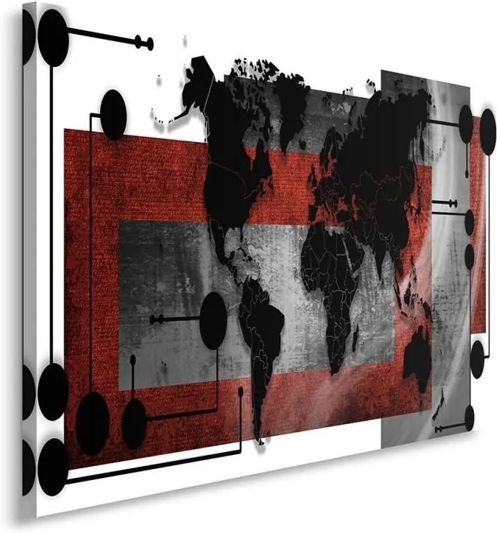 Schilderij - Wereldkaart in bordeaux rood, wit en zwart