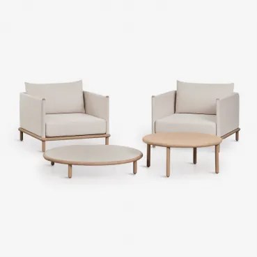 Tuinset Met 2 Fauteuils En 2 Ronde Salontafels Van Acaciahout Olivia Lichte Acaciekleur & Wit Gardenia - Lichtbruin Acacia - Sklum