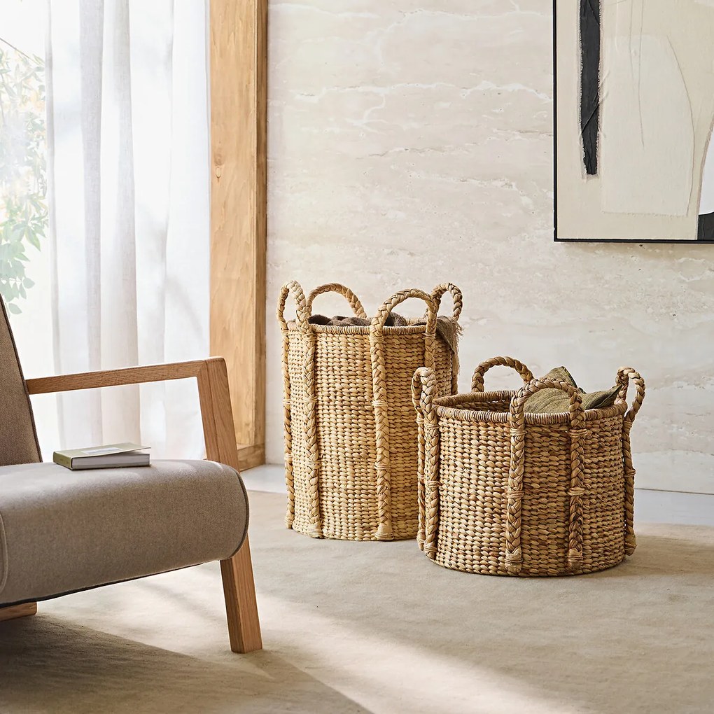 Ronde mand met 4 handvatten in waterhyacint , Tima