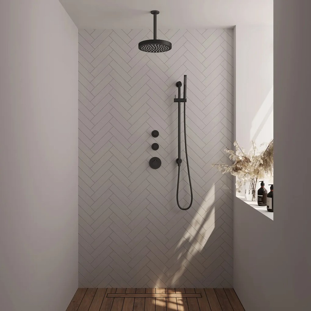 Brauer Stripe inbouw regendouche met 25cm hoofddouche, plafondarm, staafhanddouche en glijstang set 9 zwart mat