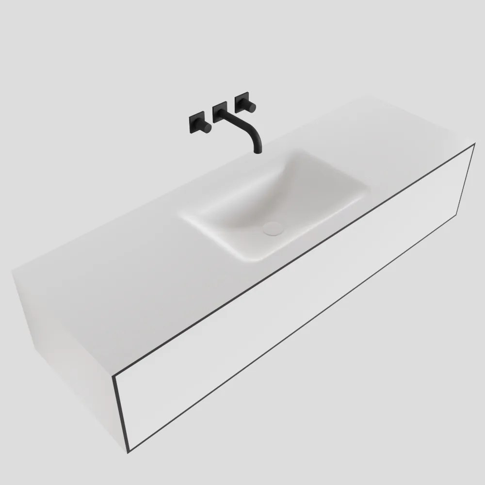 Zaro Lagom volledig naadloos solid surface onderkast 140cm mat zwart met 1 lade Push tot open. Compleet met solid surface wastafel met 0 kraangat(en)