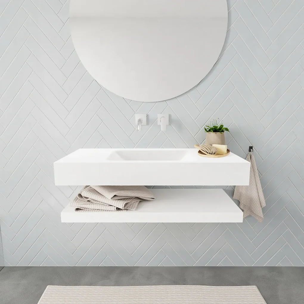 Zaro ALAN vrijhangende wastafel 100cm met wasbak Enkel midden en solid suface planchet in kleur Wit mat 0 lade(s)