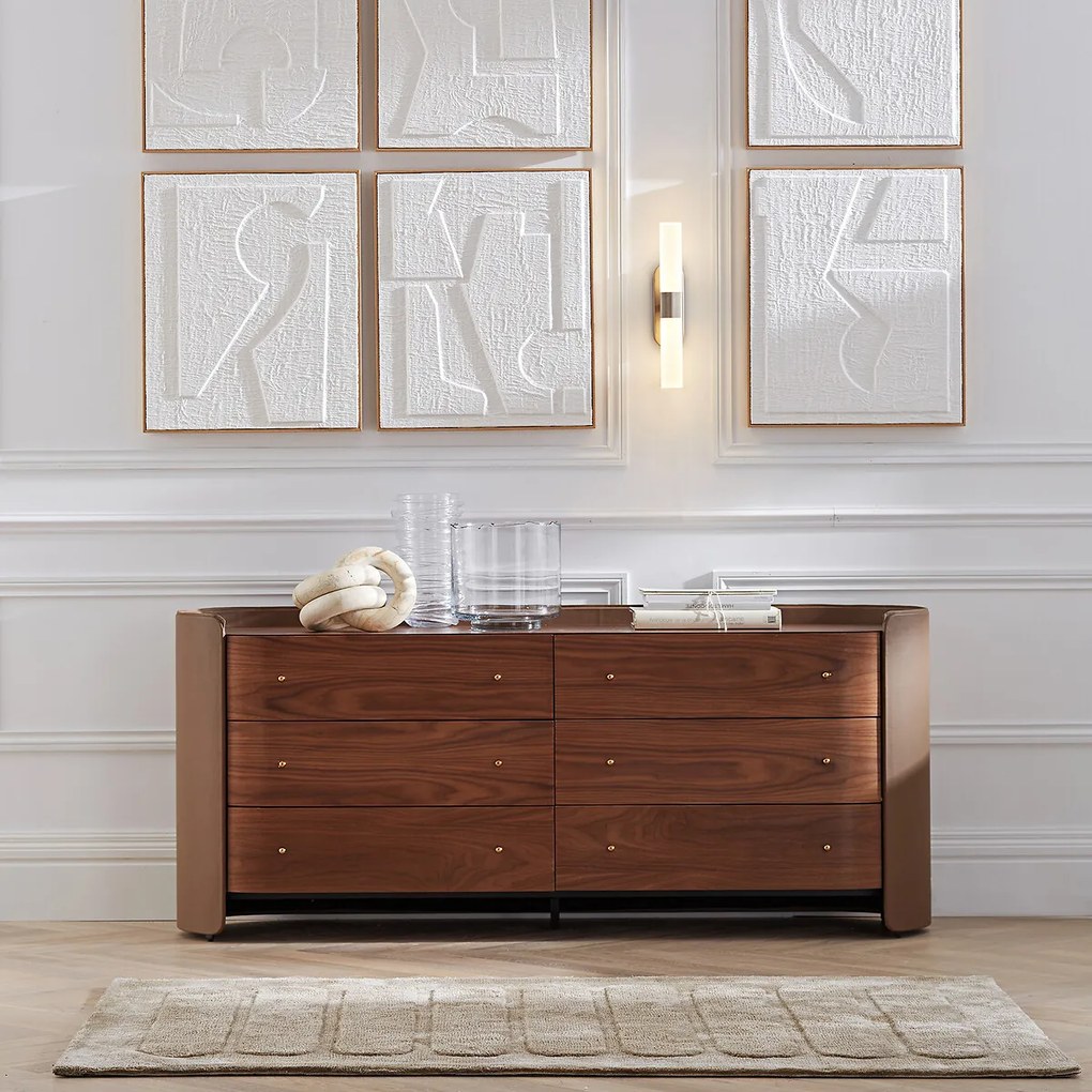 Ladekast met 6 lades in notenhoutfineer en leer, Firmo