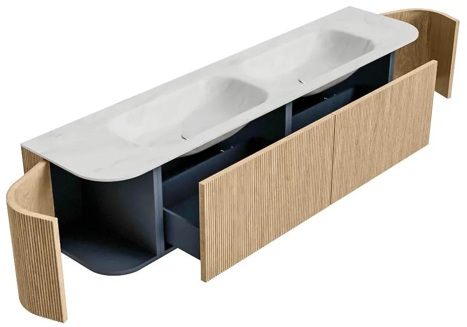 Mondiaz Kurve-dlux 190cm badmeubel ronding links/rechts oak met 2 lades en deuren en wastafel stor small dubbel zonder kraangat opalo