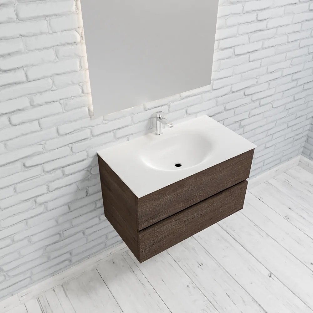 Zaro Sevilla Solid Surface badkamermeubel 80cm donker eiken 1 kraangat met 2 lades