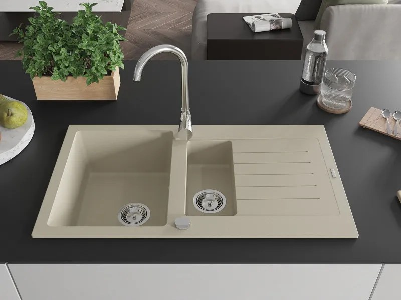Mexen Matias granitische spoelbak 1,5-compartiment met afdruipruimte 900 x 505 mm, beige, sifon chroom - 6502901505-69