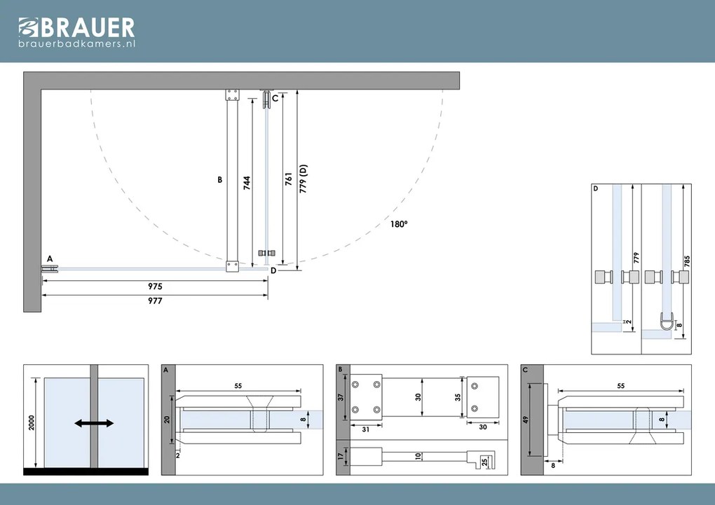 Brauer Void Carving profielloze douchecabine 80x100cm gunmetal geborsteld PVD