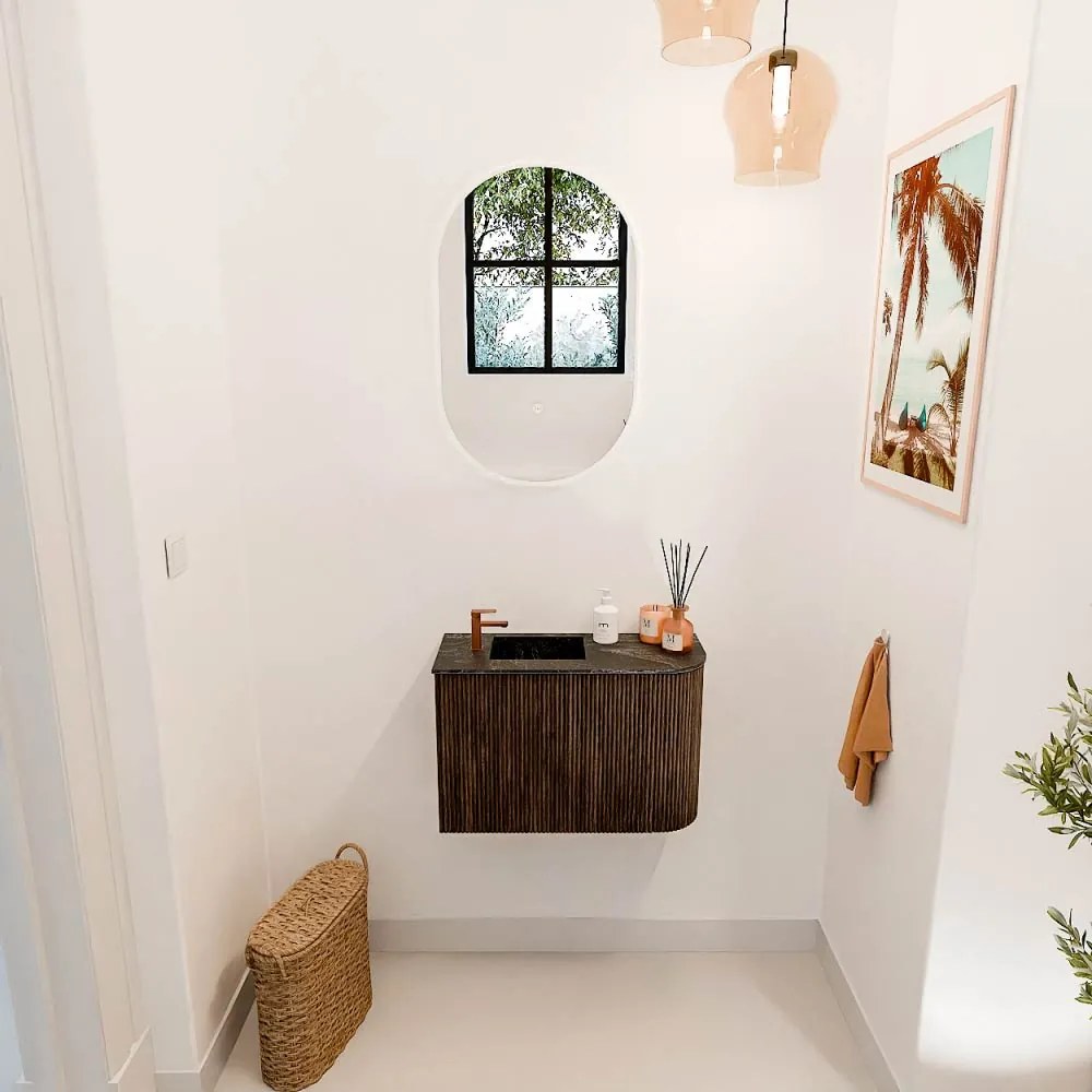 Mondiaz Joya DLux 60cm toiletmeubel ronding rechts walnut met wastafel faye links 1 kraangat lava