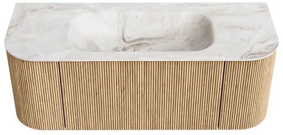 Mondiaz Kurve-dlux 120cm badmeubel ronding links/rechts oak met 1 lade en 2 deuren en wastafel big small midden zonder kraangat frappe