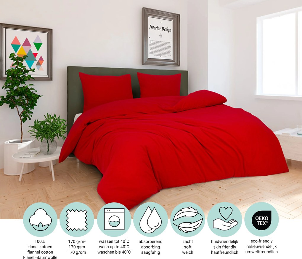 Dekbedovertrek Flanel– 100% zacht katoen – 200×200/220 – fel rood