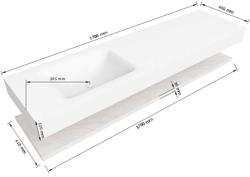Zaro Alan badmeubel 170cm met planchet washed oak en vrijhangende wastafel cloud links zonder kraangat talc