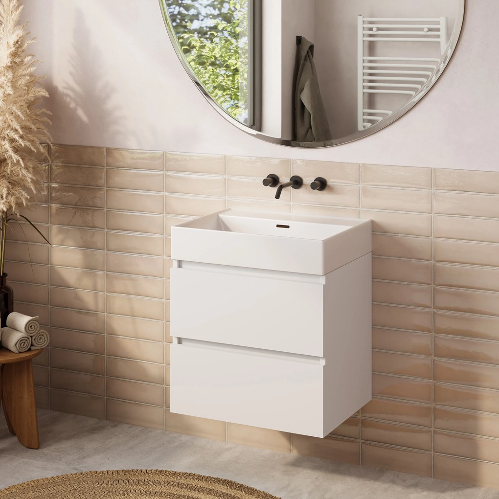 Plieger Kansas badmeubel 60cm met glans witte wastafel zonder kraangat wit mat