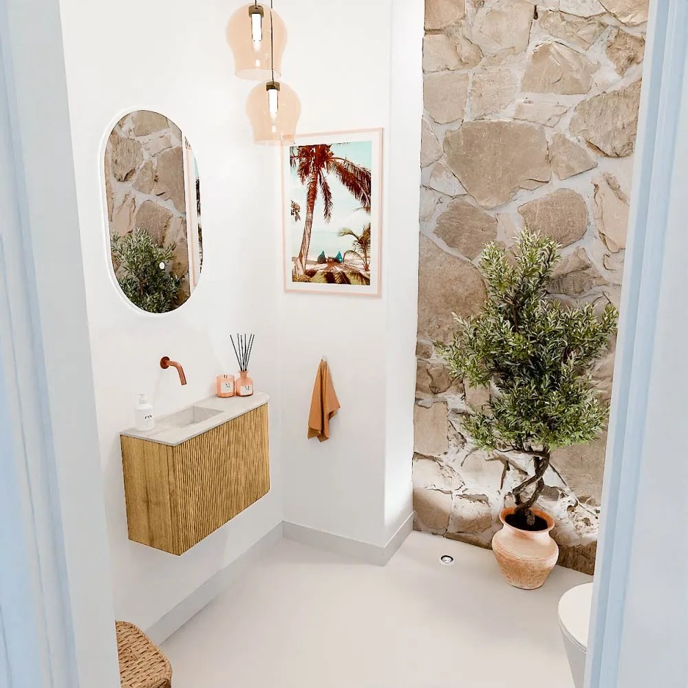 Mondiaz Joya DLux 60cm toiletmeubel ronding rechts oak met wastafel faye links zonder kraangat ostra