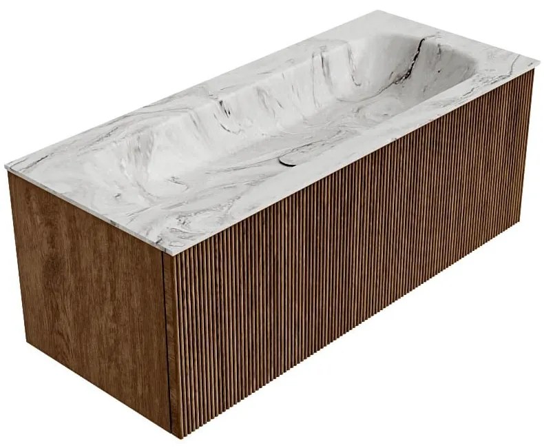 Mondiaz Kurve-dlux 110cm badmeubel walnut met 1 lade en wastafel big medium midden 1 kraangat glace