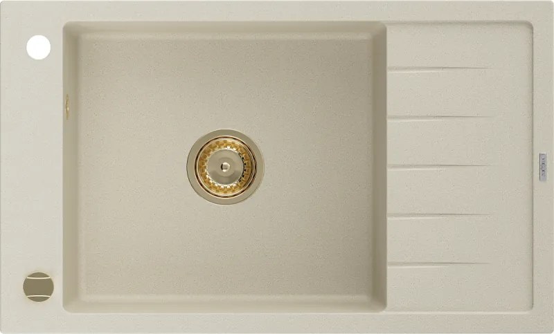 Mexen Elias granieten gootsteen 1-komors met afdruiprek 795 x 480 mm, beige, gouden sifon - 6511791005-69-G
