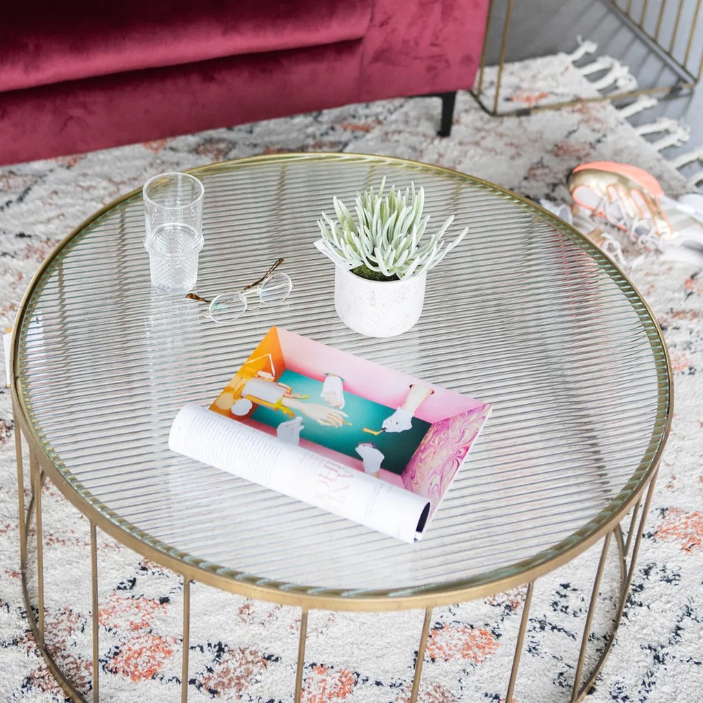 By-Boo Caesar Ronde Salontafel Goud En Ribbelglas - 80 X 80cm.