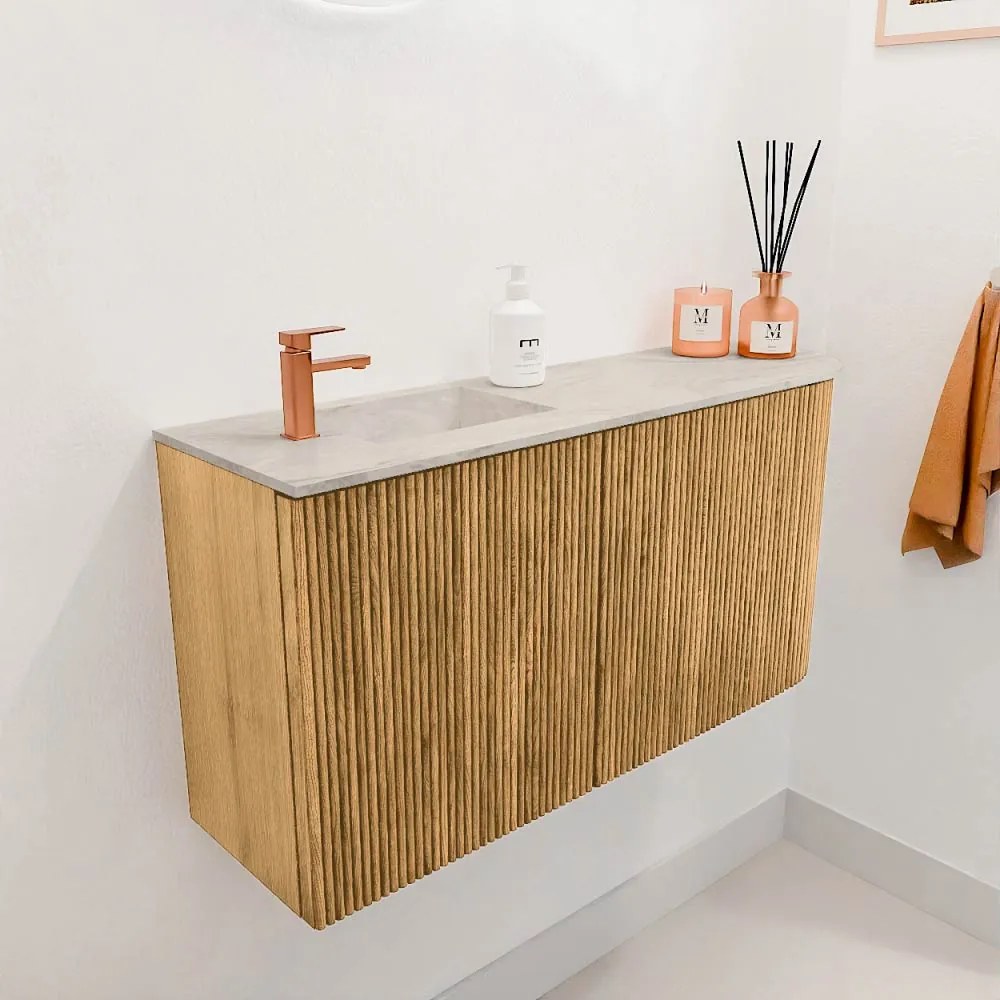 Mondiaz Joya DLux 80cm toiletmeubel ronding rechts oak met wastafel faye links 1 kraangat ostra