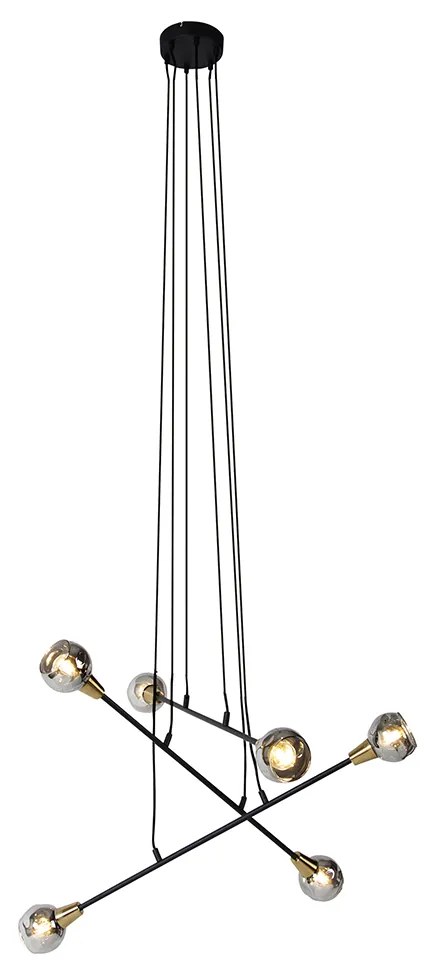 Hanglamp zwart met messing en smoke glas 6-lichts - Vidro