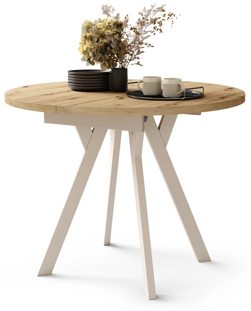 ALDO Eiken Artisan/Beige poten - RONDE LOFT/INDUSTRIËLE TAFEL VOOR WOONKAMER/EETKAMER, UITSCHUIFBAAR