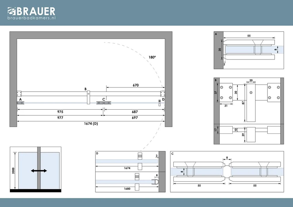 Brauer Void profielloze nisdeur 170cm met draaideur 70cm aan glas chroom