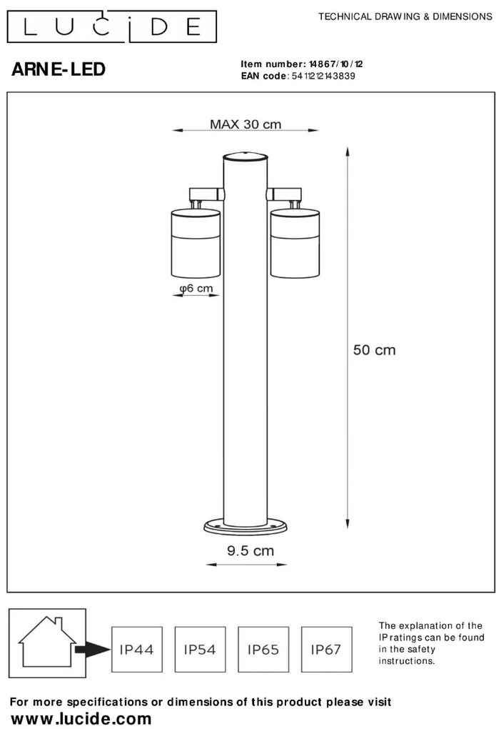 Lucide Arne dubbele sokkellamp 10W 30x50cm chroom mat