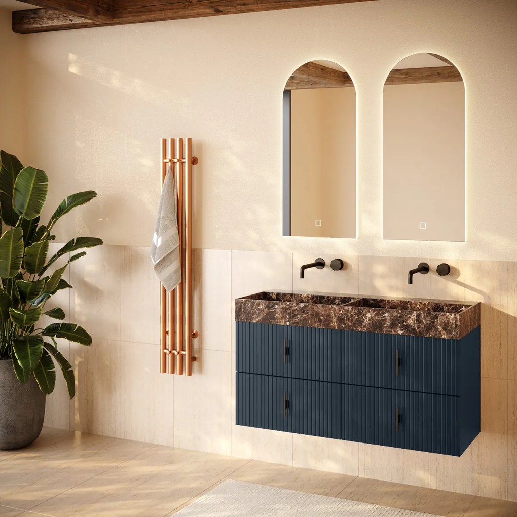 Muebles Murcia badmeubel ribbelfront 120cm marine blauw met Dark Emperador wastafel zonder kraangaten