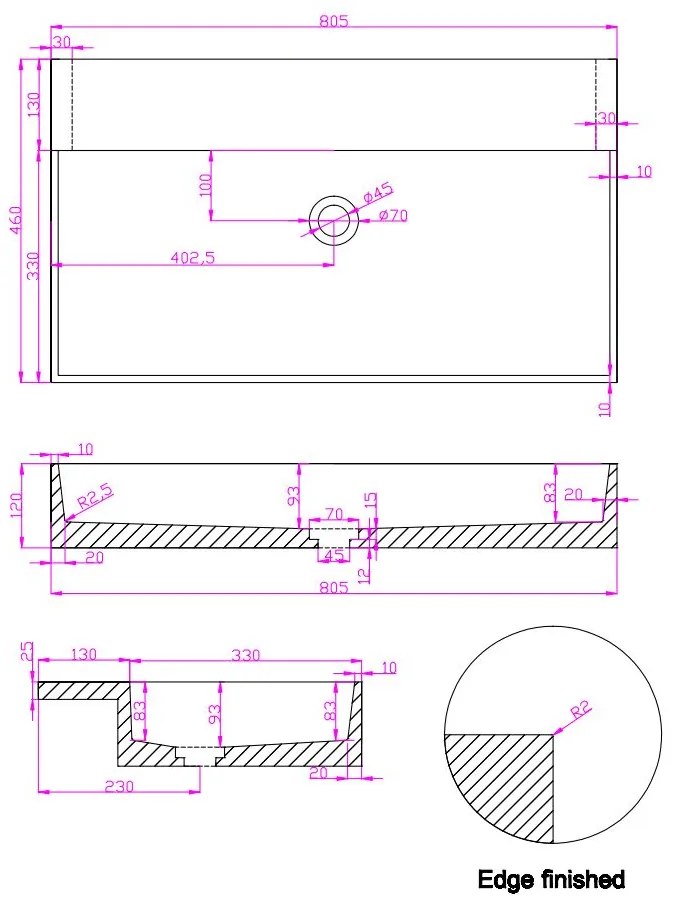 Saniclear Dark Emperador marmeren wastafel 80x46cm zonder kraangat