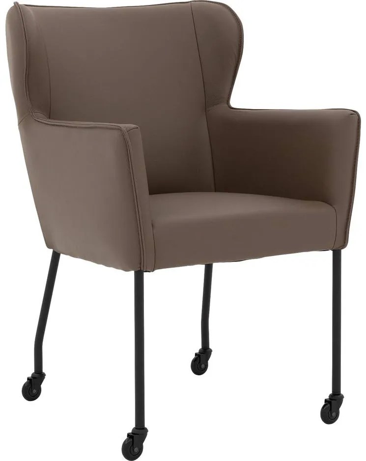 Goossens Excellent Eetkamerstoel Leogang bruin leer met armleuning en Zwart skater wiel met zwarte kapmet wielen, elegant chic