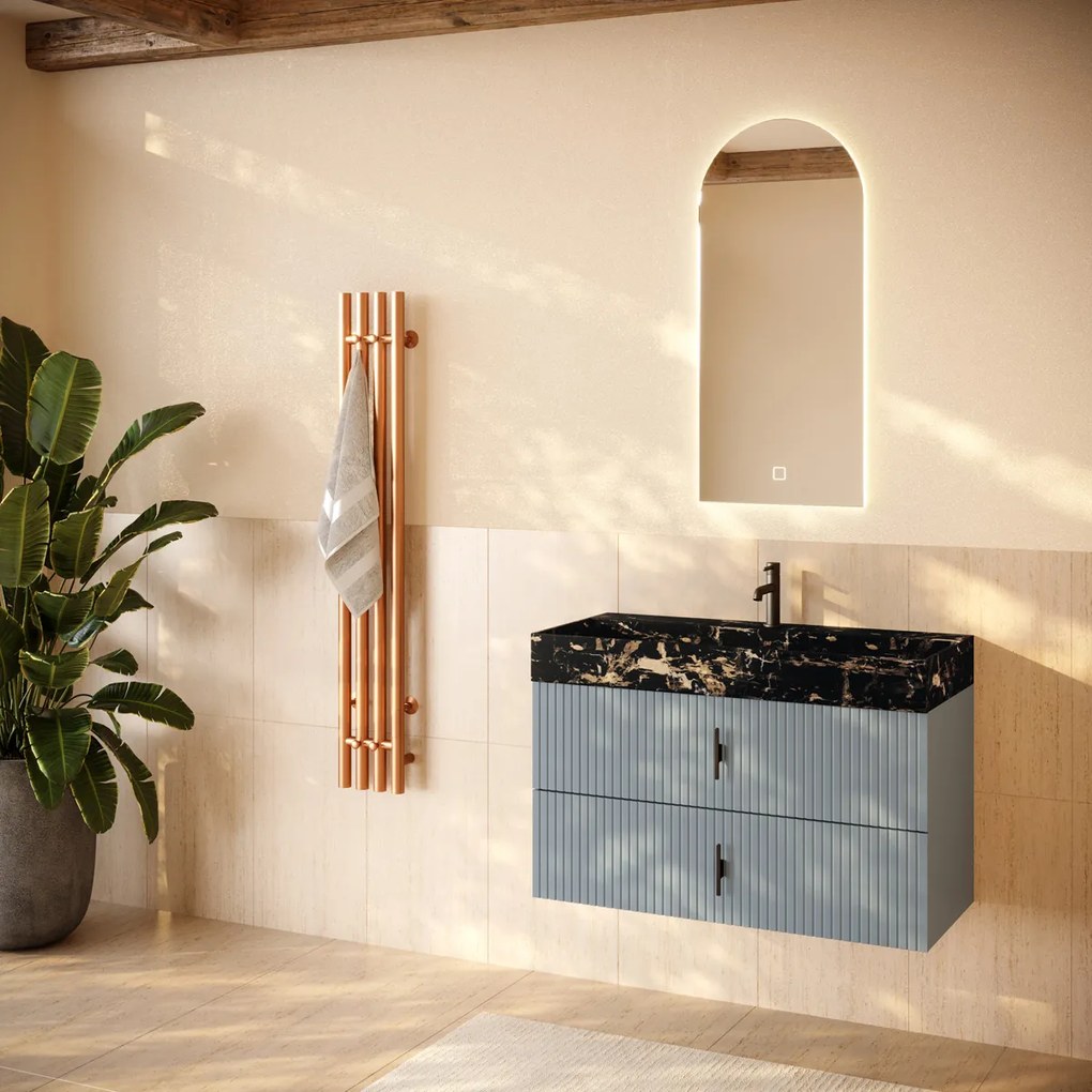 Muebles Murcia badmeubel ribbelfront 100cm baby blauw met Portoro Gold wastafel met kraangat