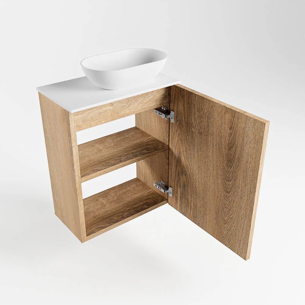 Mondiaz Fowy toiletmeubel 40cm washed oak met witte waskom rechts en kraangat