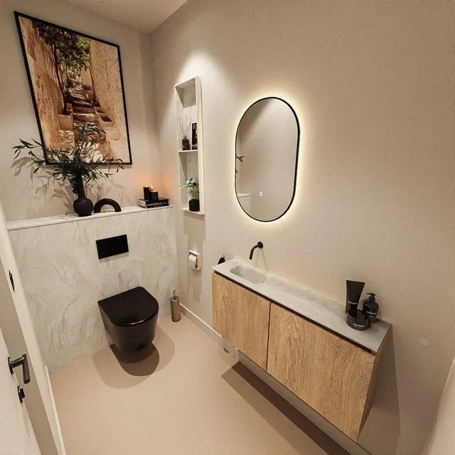 MONDIAZ TURE-DLUX 100cm toiletmeubel Washed Oak. EDEN wastafel Ostra positie links. Zonder kraangat. TUREDX100WASL0OST