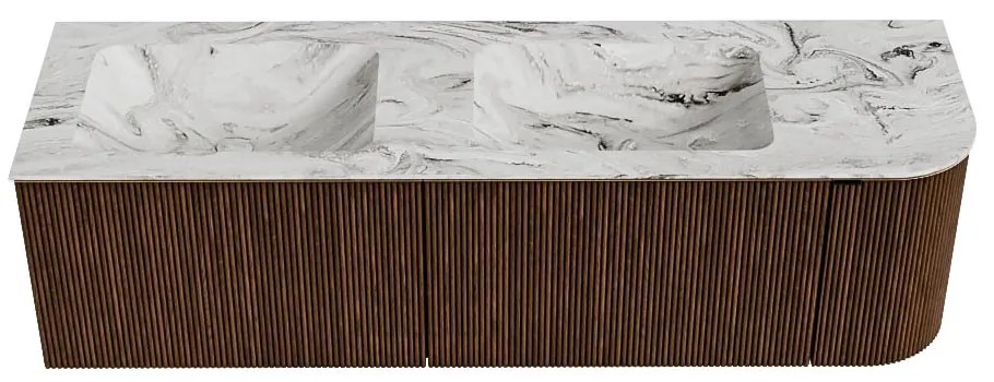 Mondiaz Kurve-dlux 155cm badmeubel ronding rechts walnut met 2 lades en 1 deur en wastafel leaf dubbel/links 2 kraangaten glace