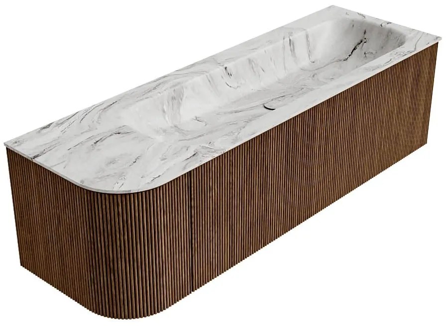 Mondiaz Kurve-dlux 145cm badmeubel ronding links walnut met 1 lade en deur en wastafel big large kraangat rechts glace