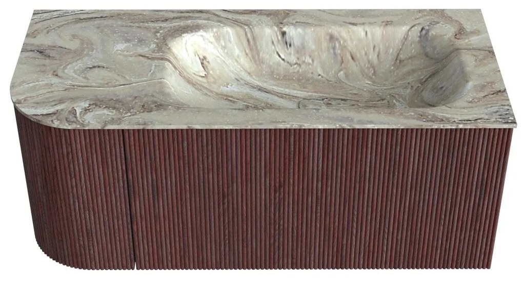 Mondiaz Kurve-dlux 105cm badmeubel ronding links ruby met 1 lade en deur en wastafel big small rechts zonder kraangat glace