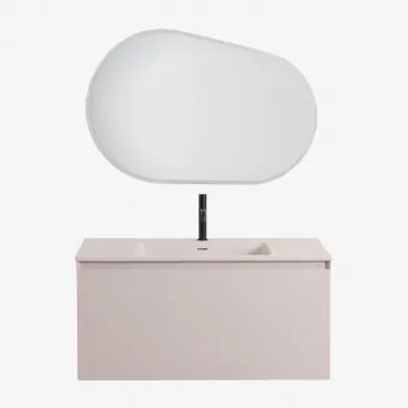 Macrae Zwevend Houten Badkamermeubelset Met Geïntegreerde Wastafel Beige – Linnen & Ovaal Led En Anticondens 100x80 Cm Riben & Mat Zwart ↑20 Cm Met Af