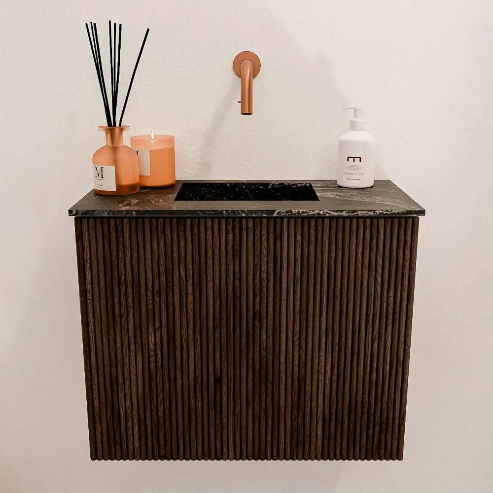 Mondiaz Joya DLux 50cm toiletmeubel walnut met wastafel faye midden zonder kraangat lava