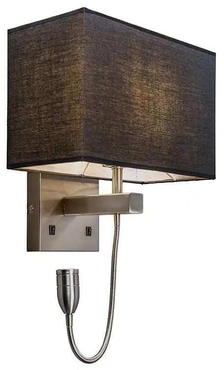 Wandlamp staal met zwarte kap en leesarm incl. LED - Bergamo Design, Modern E27 vierkant Binnenverlichting Lamp