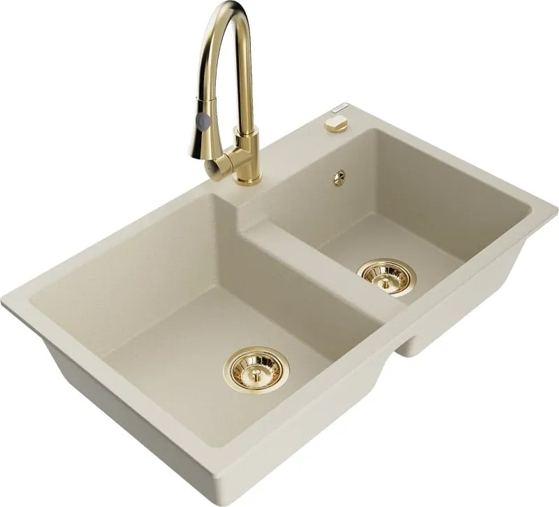 Mexen Tomas granitische spoelbak 2-kamer met keukenmengkraan Elia, beige - 6516-69-670101-50