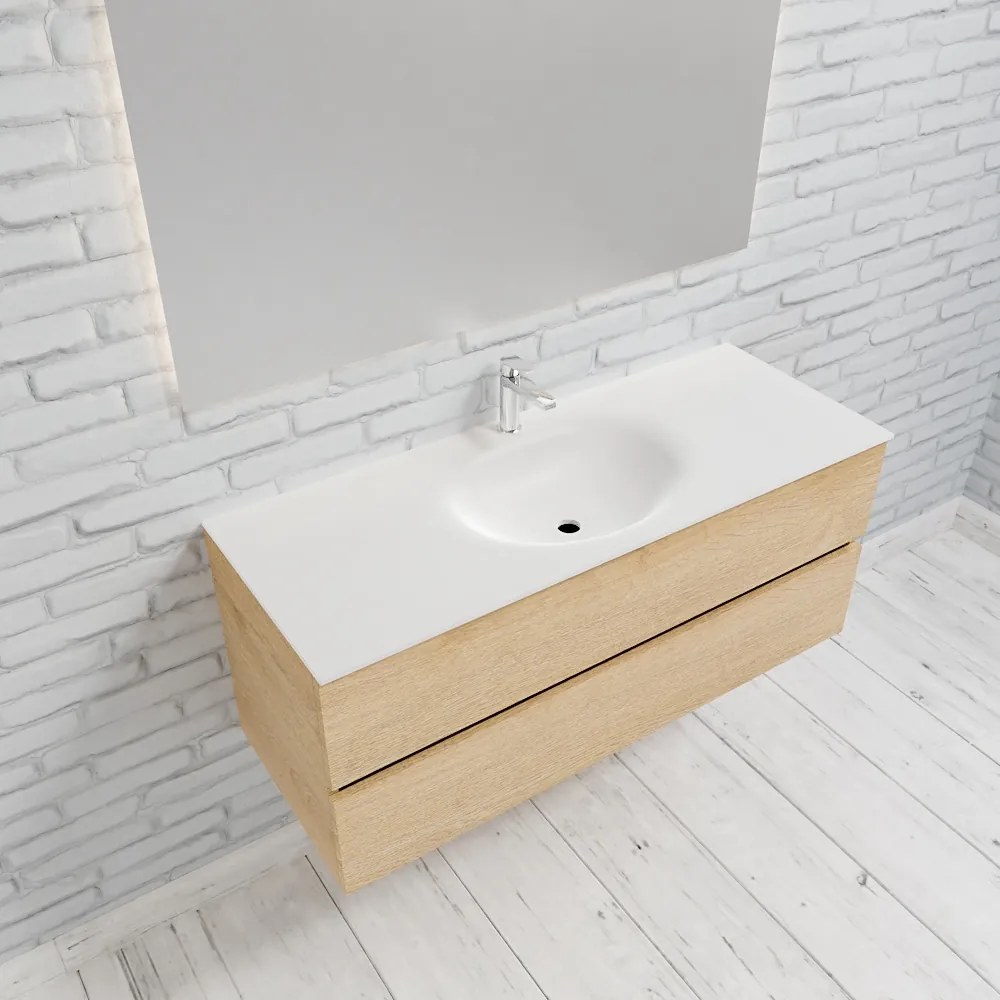 Zaro Sevilla Solid Surface badmeubel 120cm licht eiken 1 kraangat spoelbak midden met 2 lades