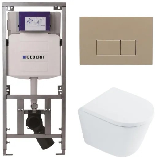 QeramiQ Dely Toiletset - 36.3x51.7cm - diepspoel - rimless - Geberit UP320 inbouwreservoir - met Burda frame - softclose toilet zitting 35 mm - bedieningsplaat taupe - rechthoekige knoppen - wit glans SW1026255 / SW1159505/0701131/SW1102379