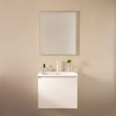 Macrae Zwevend Houten Badkamermeubelset Met Geïntegreerde Wastafel Wit & Rechthoekige Led En Anticondens 60x70 Cm Riben & Wit ↑20 - Sklum