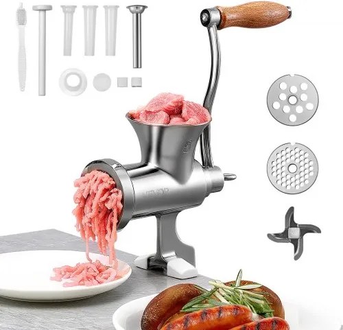 VEVOR Handmatige vleesmolen met handbediende worstvuller van roestvrij staal 304 met tafelklem, vleesmolen met 2 snijplaten (4,5/8 mm) en 4 worstbuizen, voedselmolen voor keukentafel